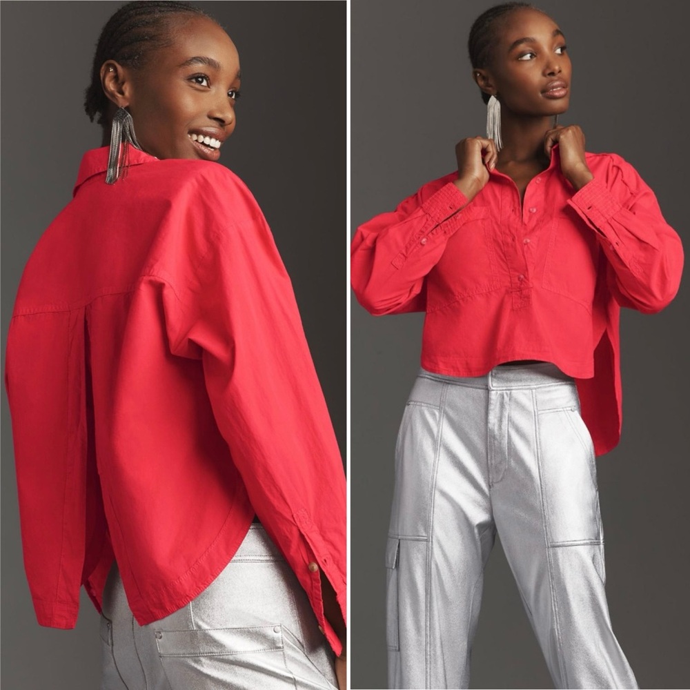 PILCRO by Anthropologie Back Slit Button Down Red‎ Oversized Top Women’s Size SP